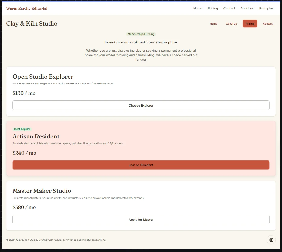 The generated Clay and Kiln Studio pricing page: Open Studio Explorer, a highlighted Artisan Resident plan with a terracotta button, and Master Maker Studio.
