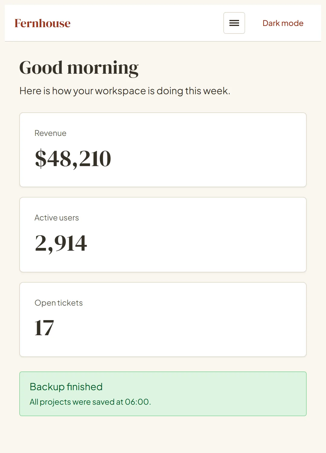 The Fernhouse dashboard in light mode: Good morning, three stat cards and a green backup alert.