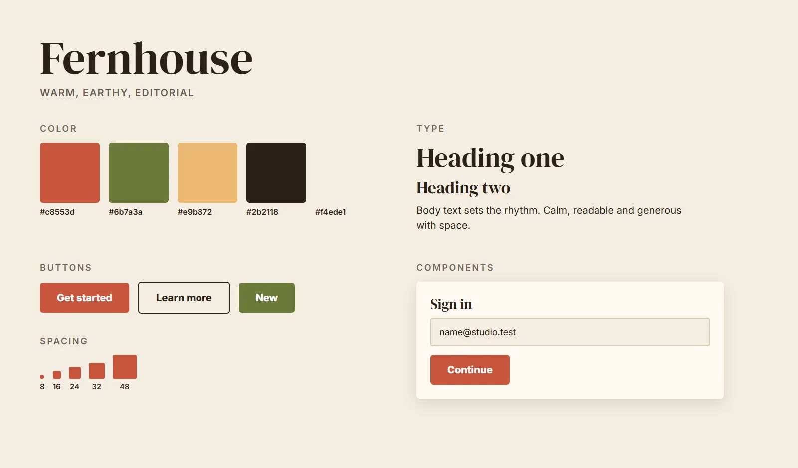 The Fernhouse style guide with six numbered markers on the values the AI read: brand color, accent color, neutral color, heading font, corner radius and shadow.