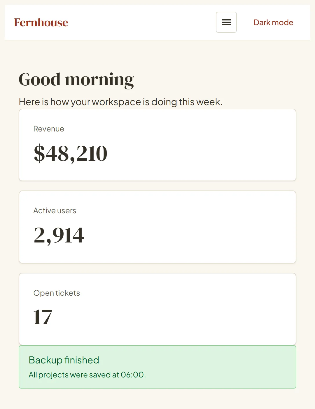 The Fernhouse dashboard running as an Angular app.