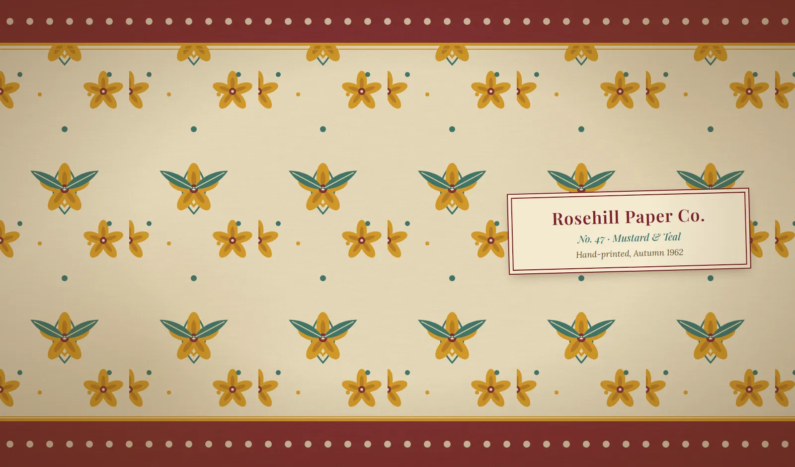 A vintage floral wallpaper pattern in burgundy, teal and cream, the image dropped into DesignForge.